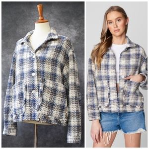BLANK NYC Check Plaid Tweed Blue Beige White Jacket Size XL